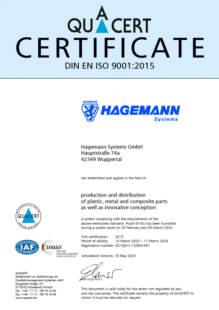 ISO 9001:2015 Certificate Hagemann Systems GmbH Quality Management Plastic, Metal and Composite Parts